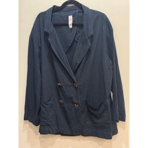 AMADI Navy Linen Blend Double Breasted Blazer L Lightweight Lagenlook Coastal